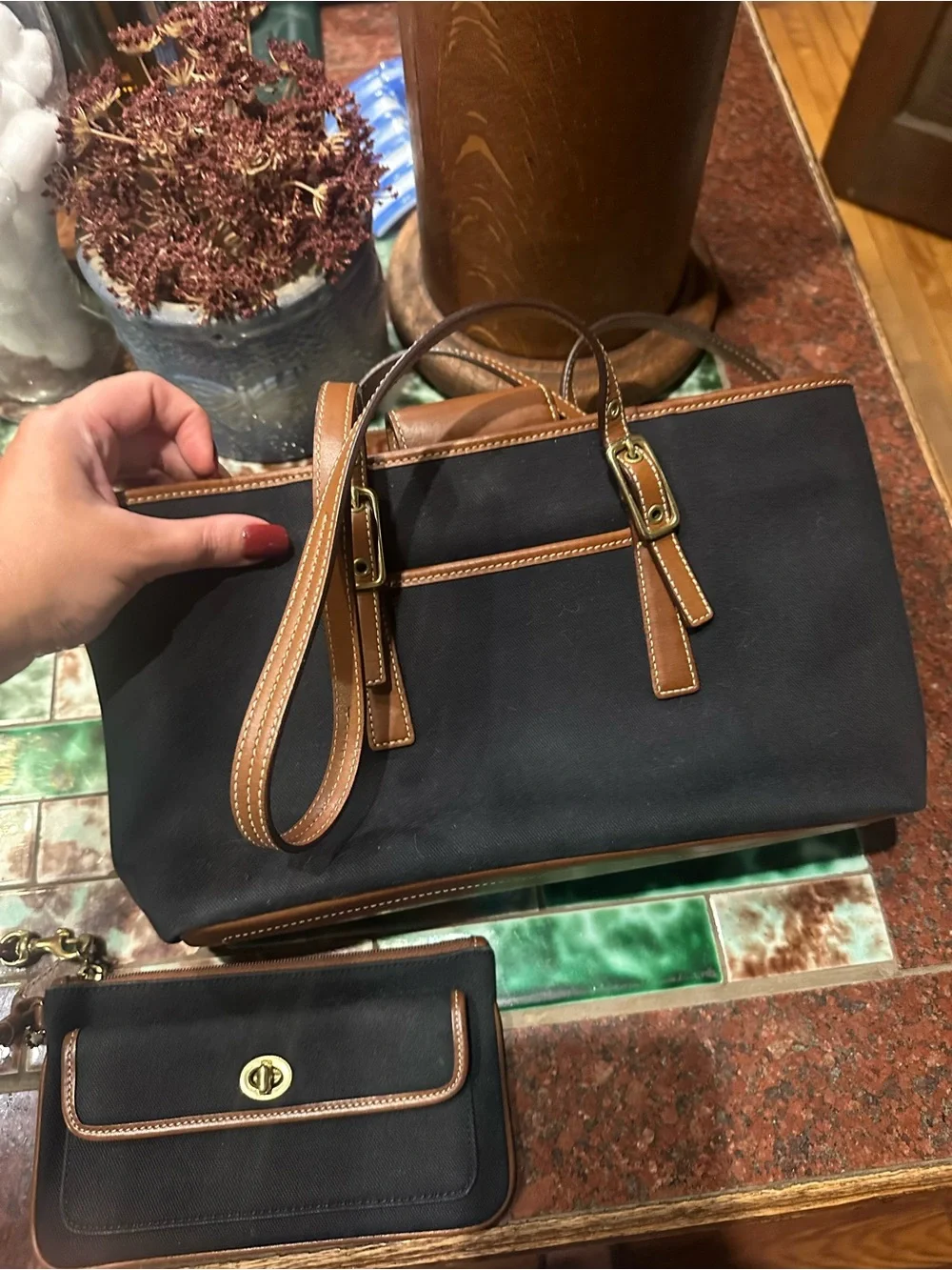 Coach Black Canvas Tote with Brown Leather Trim and Matching Wristlet Wallet